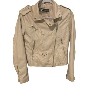 ZAra Cream Leather Biker Jacket for Women